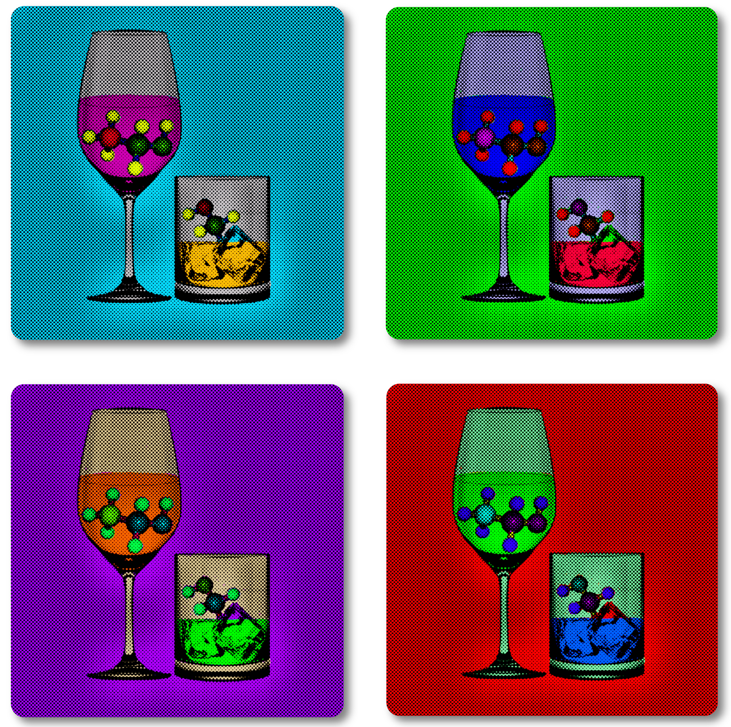Drinks coasters with wine glass, whisky glass and ethanol molecule